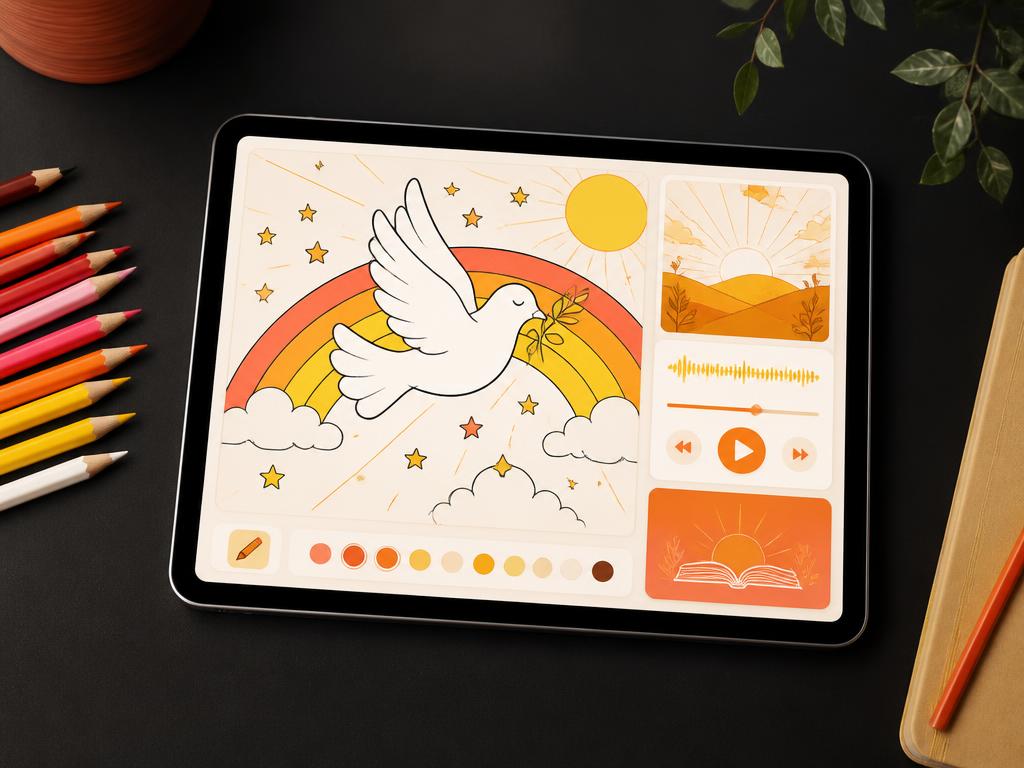 Drawings Stories coloring and audio story experience displayed on a tablet